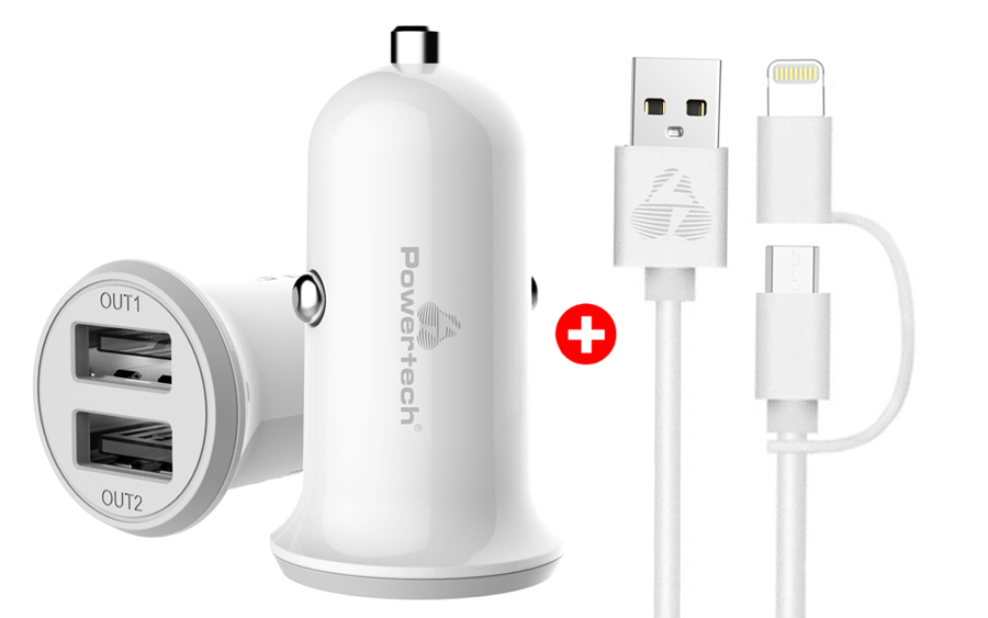 POWERTECH φορτιστής αυτοκινήτου 2x USB & καλώδιο USB σε Micro/Lightning BNDL-0199