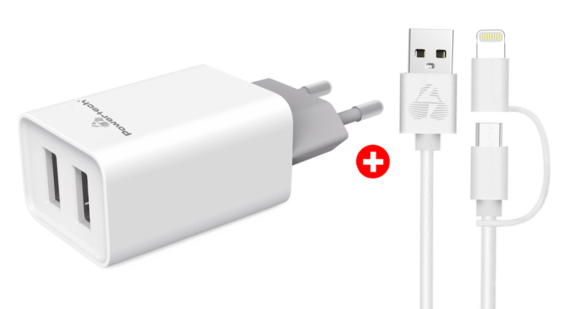 POWERTECH φορτιστής τοίχου 2x USB & καλώδιο USB σε Micro/Lightning BNDL-0198